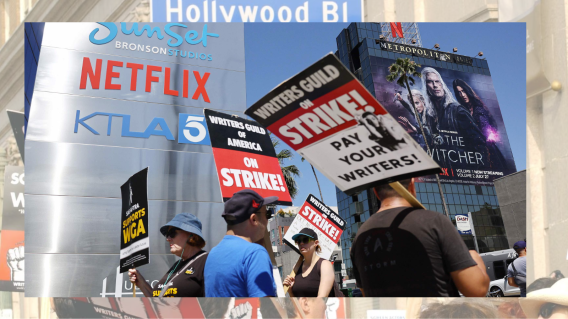 Mienbros del sindicato de actores y del sindicato de guionistas protestan en Los Ángeles. Mienbros del sindicato de actores y del sindicato de guionistas protestan en Los Ángeles.