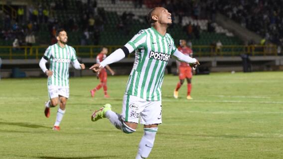 Celebración de Jarlan Barrera, tras su gol en Patriotas vs. Atlético Nacional Celebración de Jarlan Barrera, tras su gol en Patriotas vs. Atlético Nacional
