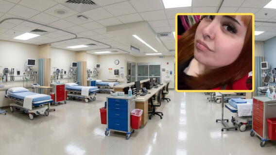 En primer plano Valentina Zurita con cabello rojizo y piercings; a la derecha, fachada exterior de un centro hospitalario con jardines.