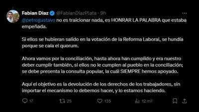 Senador Fabián Díaz le responde al presidente Petro Senador Fabián Díaz le responde al presidente Petro
