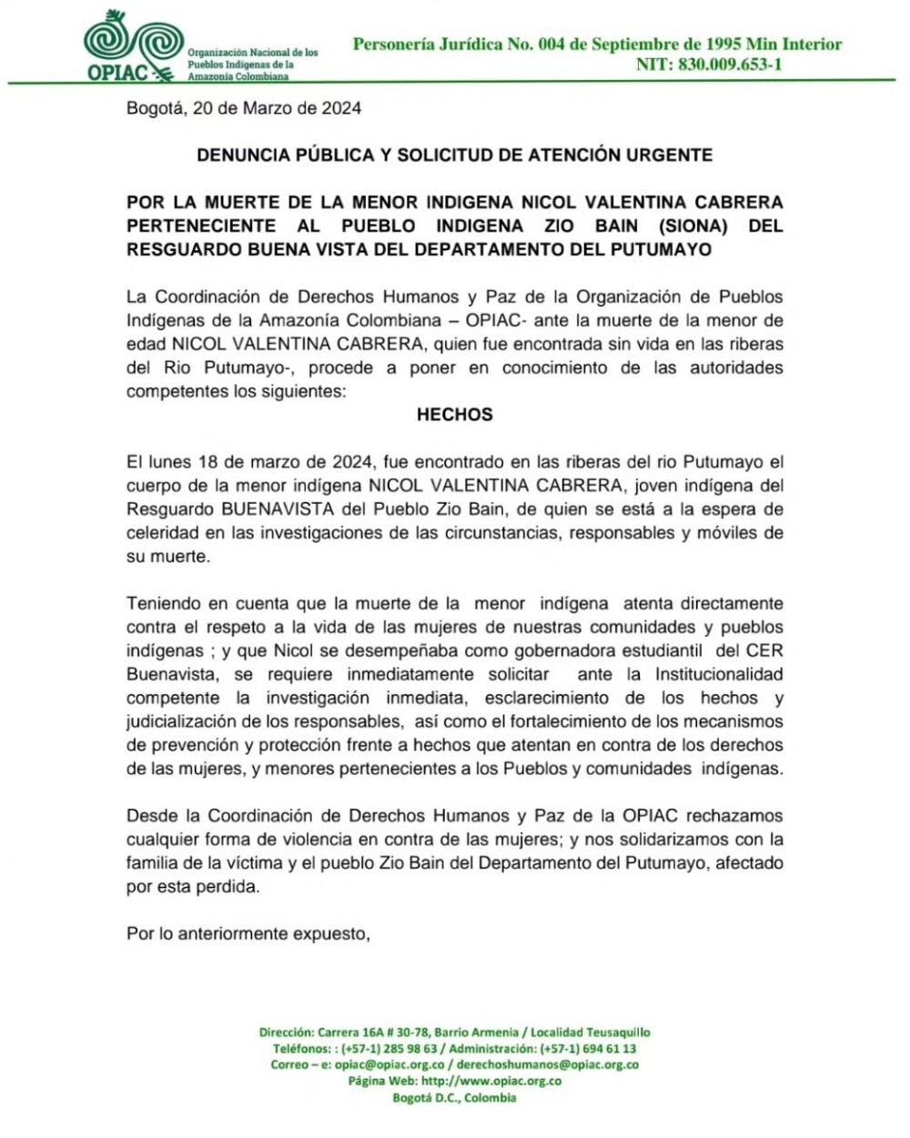 Carta de la Opiac por menor hallada muerta en Putumayo Carta de la Opiac por menor hallada muerta en Putumayo