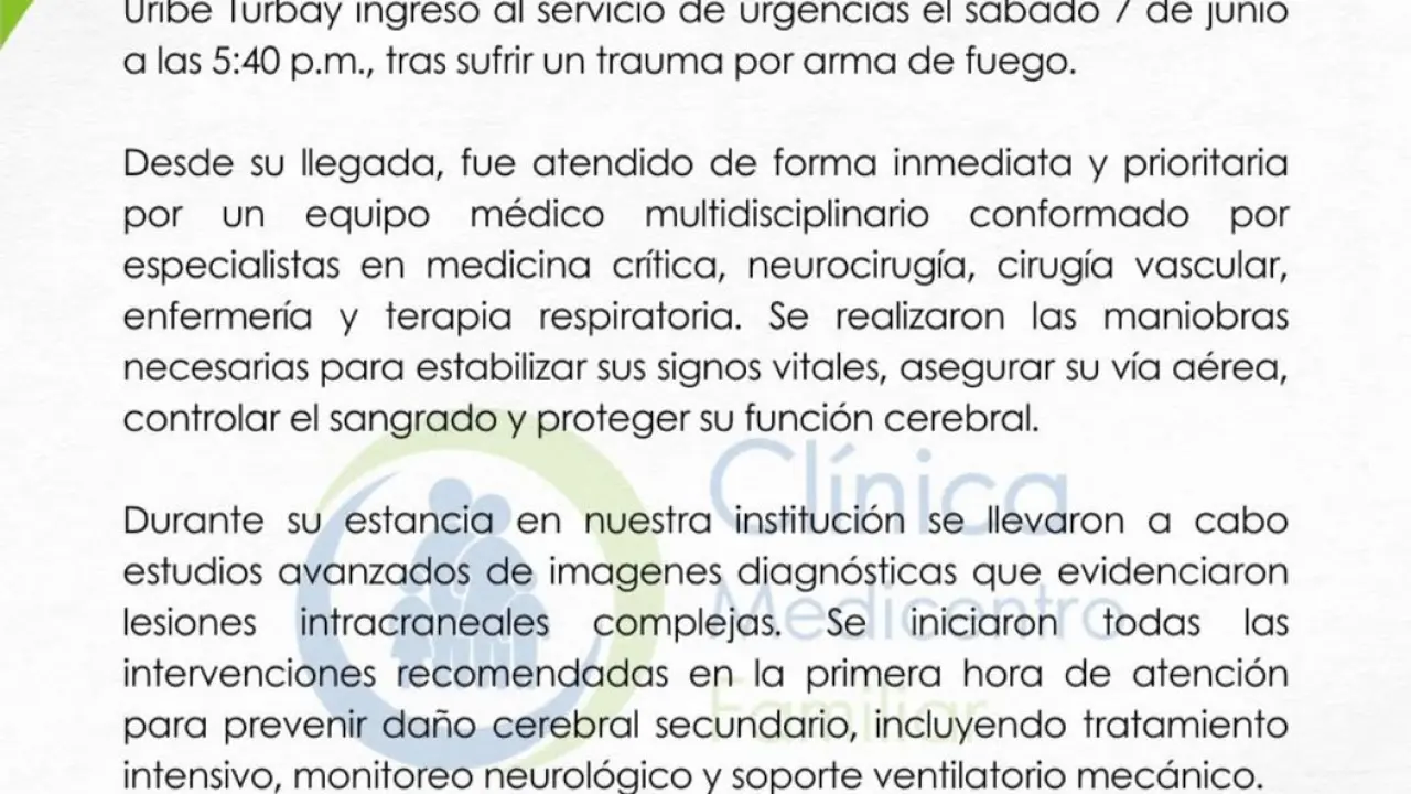 Último parte médico de Miguel Uribe en clínica Medicentro