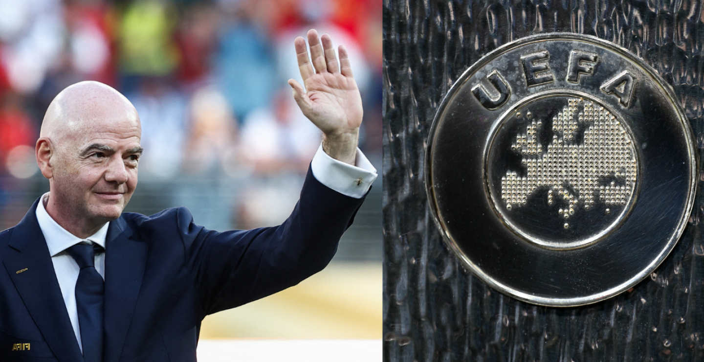 Gianni Infantino; presidente de la FIFA y logo de la UEFA 