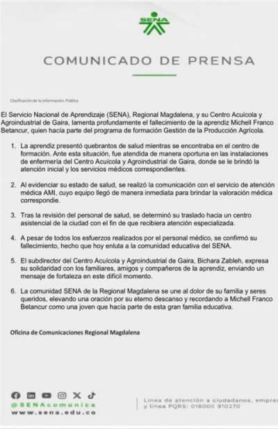 SENA comunicado de prensa