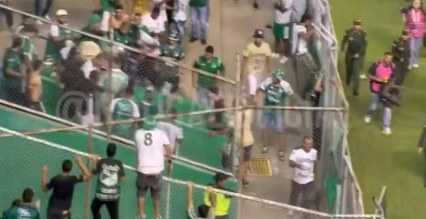 Hinchas del Deportivo Cali peleando en clásico contra América de Cali. 