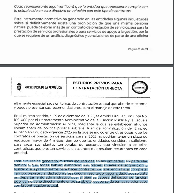 Presidencia reconoce falta de claridad en circulares sobre contratos de prestación de servicios