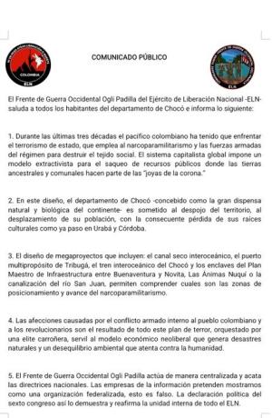 ELN anuncia que levanta el paro armado en el Chocó desde el sábado 16 de noviembre 2 levantan paro armado eln.jpeg