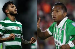 Luis Javier Suárez y Alfredo Morelos, delanteros del Sporting Lisboa y Atlético Nacional, respectivamente. 