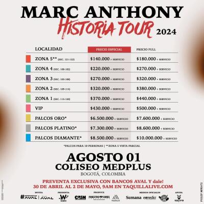 Precio boletas de Marc Anthony en Colombia Precio boletas de Marc Anthony en Colombia