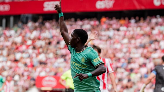 Yaser Asprilla celebra un nuevo gol con Girona en la segunda división de España. 