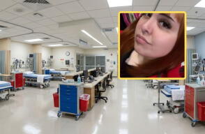 En primer plano Valentina Zurita con cabello rojizo y piercings; a la derecha, fachada exterior de un centro hospitalario con jardines.
