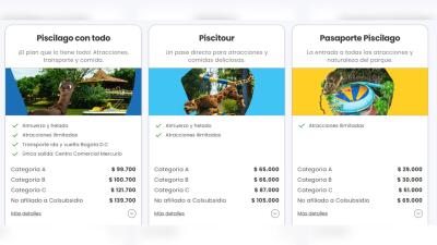 Tarifas para ingresar a Piscilago teniendo en cuenta la categoría del afiliado