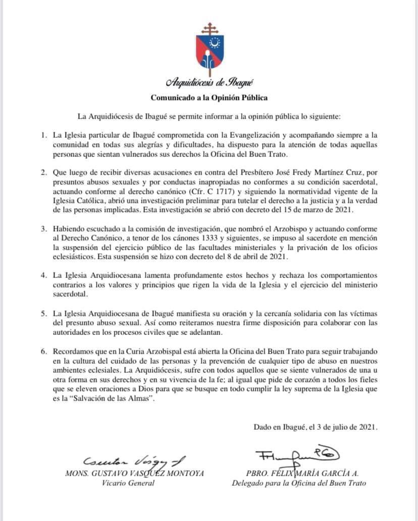 Comunicado sobre sacerdote de Ibagué