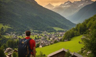 Turista con mochila en un pueblo de Suiza.